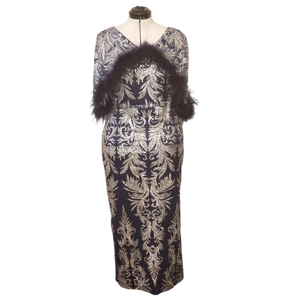 EY Boutique Blue & Silver Sparkle Sequin Gown w/ Feather Trim, Size XL | NWT
